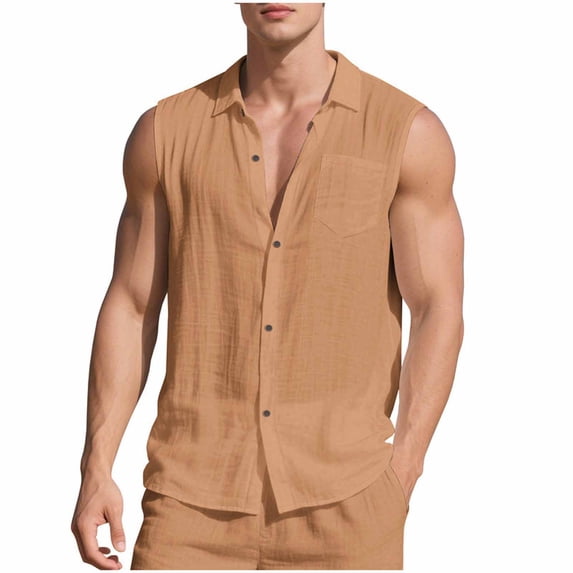 Purcolt Mens Cotton Linen Button Down Shirt Summer Beach Basic Solid Sleeveless Tank T-Shirts Lightweight Loose Simple Cardigan