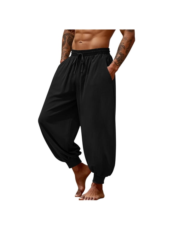 Mens Harem Pants Casual Boho Elastic Waist Drawstring Baggy Jogger Pants Summer Beach Hippie Drop Crotch Trousers