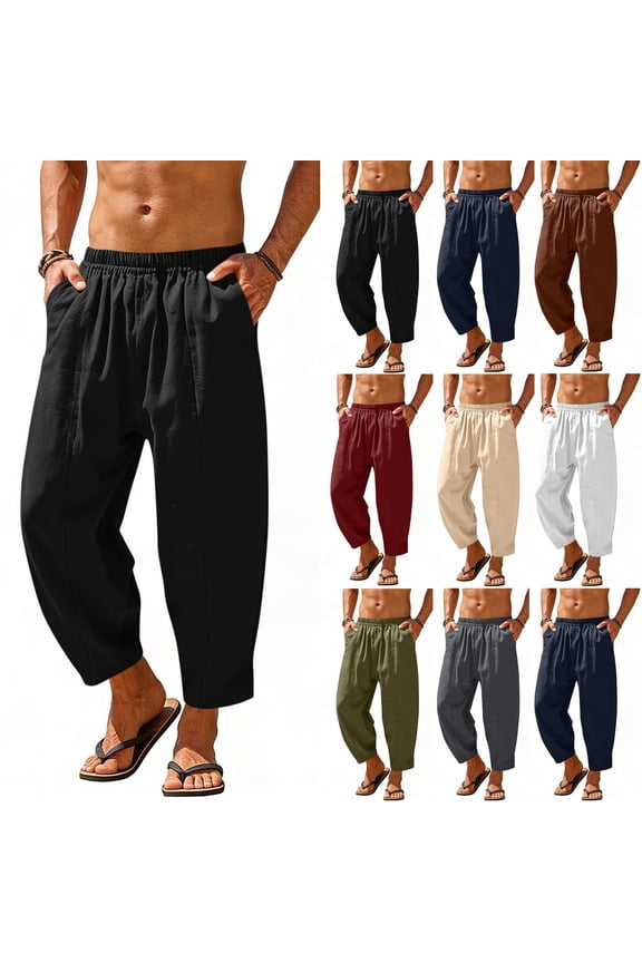 Mens Harem Pants Summer Casual Solid Color Elastic Waist Drawstring Cropped Pants Boho Beach Baggy Yoga Trousers