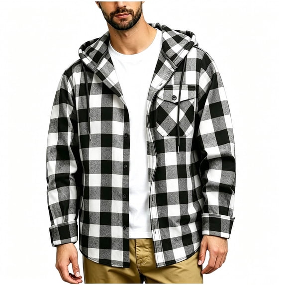 Purcolt Mens Hooded Flannel Shirts Lightweight Casual Plaid Drawstring Long Sleeve Button Down Jackets Lightweight Loose Fit Shacket Outerwear