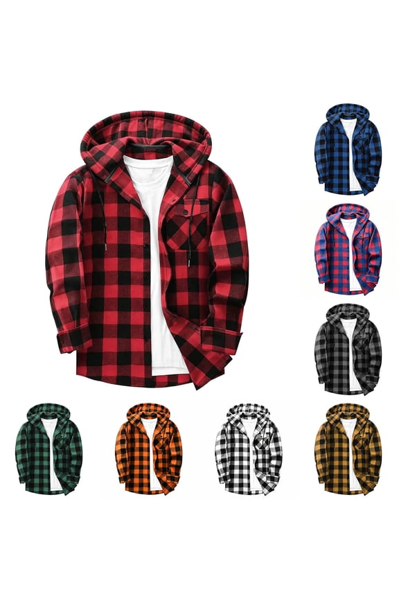 Mens Hooded Flannel Shirts Lightweight Casual Plaid Drawstring Long Sleeve Button Down Jackets Lightweight Loose Fit Shacket Outerwear