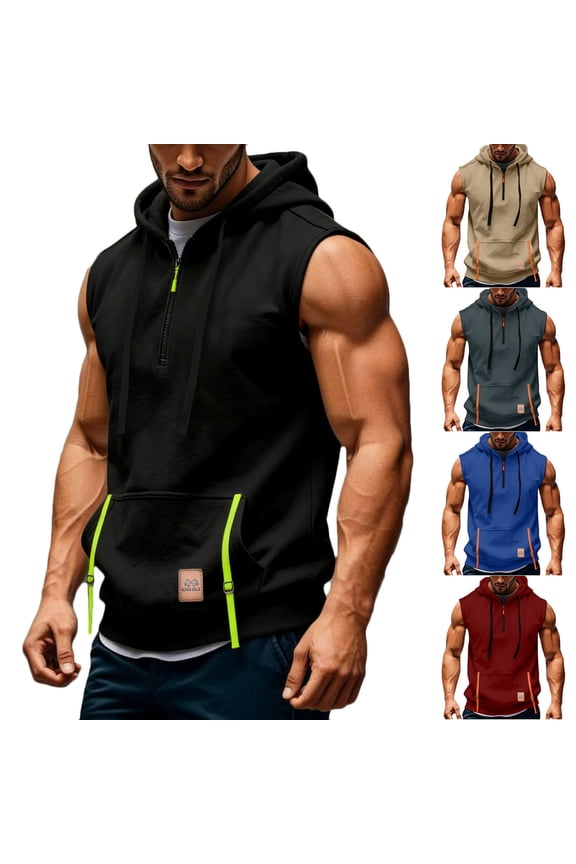 Mens Hooded Tank Tops Lightweight Front Pockets Sleeveless Sweat Shirts Athletic Loose Fit Bodybuilding Tops for Beach Gym Workout