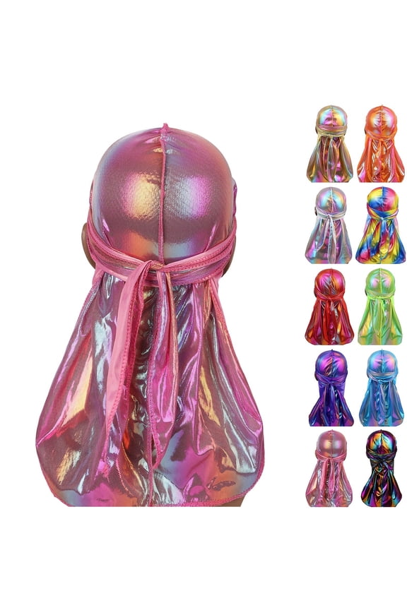 Mens Metallic Du rag Cap Silky Satin Durag Headwrap Long Tail Turban Do Rags Cover Hat Headwear for All Hair Types