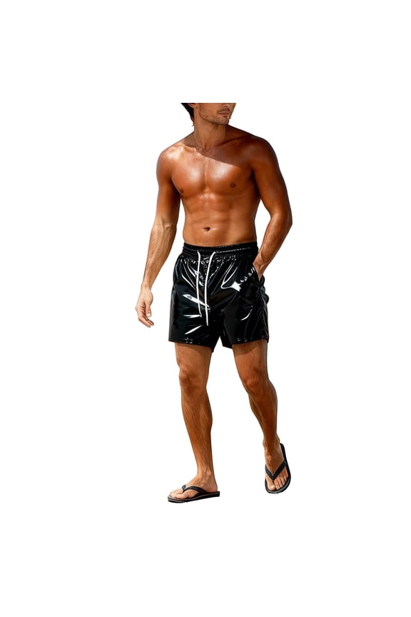 Mens Metallic Shorts Shiny Sparkly Dance Hot Pants Rave Disco Party Club Outfit Swim Shorts with Pockets & Drawstring