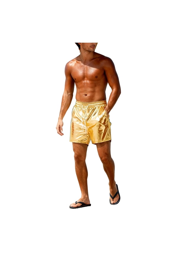 Mens Metallic Shorts Shiny Sparkly Dance Hot Pants Rave Disco Party Club Outfit Swim Shorts with Pockets & Drawstring