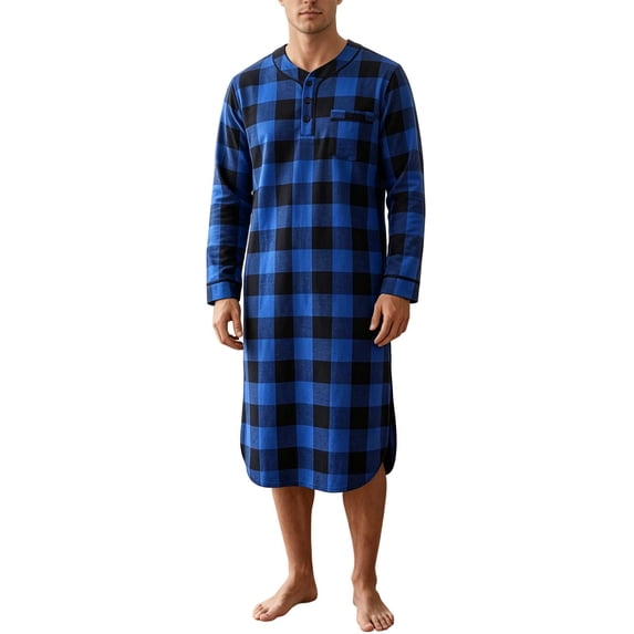 Purcolt Mens Nightgown Long Sleeve Plaid Print Lounge Sleep Shirt Pajama Nightshirt Soft Loose Sleepwear Comfy Nightwear S-3XL