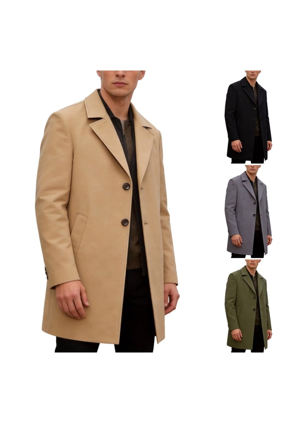 Mens Pea Coats Single Breasted Notch Lapel Casual Slim Fit Trench Coat Mid Long Winter Overcoat with Pockets