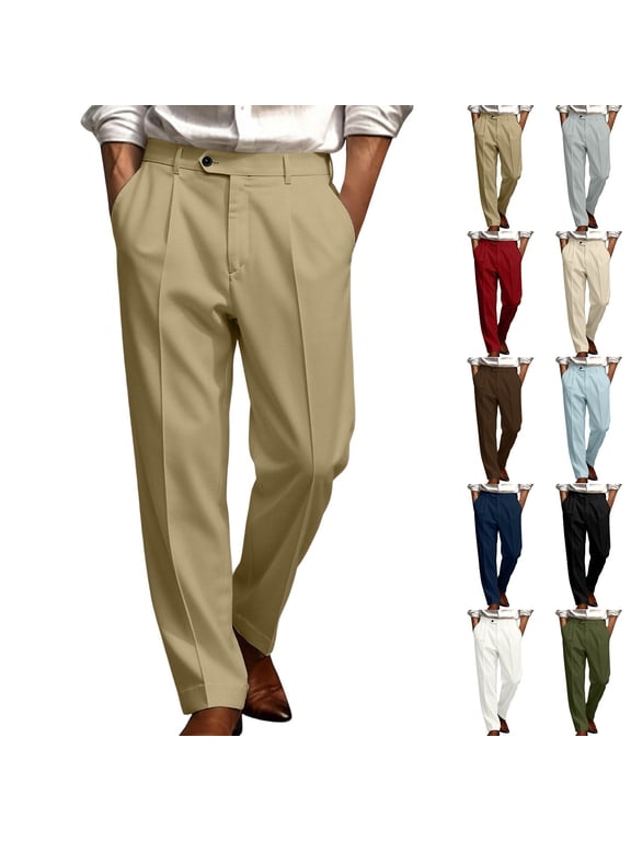 Mens Pleated Dress Pants Dressy Casual Button Zipper Fly High Waist Straight Leg Cuffed Hem Trousers Comfort Loose Fit Business Work Office Pants with Side Pockets