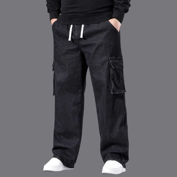Purcolt Mens Plus Size Cargo Jeans Loose Fit Stretch Denim Pants Drawstring Waist Big and Tall Jeans with Pockets 2XL-5XL
