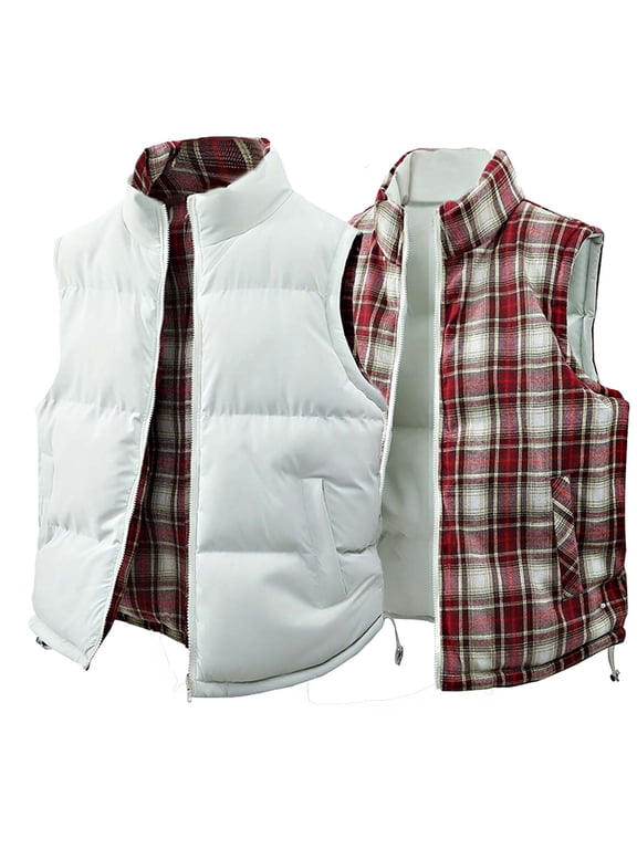 Mens Reversible Padded Down Vest Plaid Lined Stand Collar Two-Sided Wear Sleeveless Puffer Vest Waistcoat Fall Winter Layering Thermal Gilet Jacket
