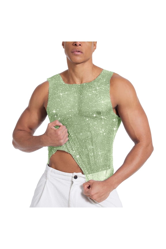 Mens Rhinestone Fishnet Mesh Tank Tops Trendy Casual Crewneck Sleeveless Shirts Lightweight Trendy Slim Fit Party Club Vest
