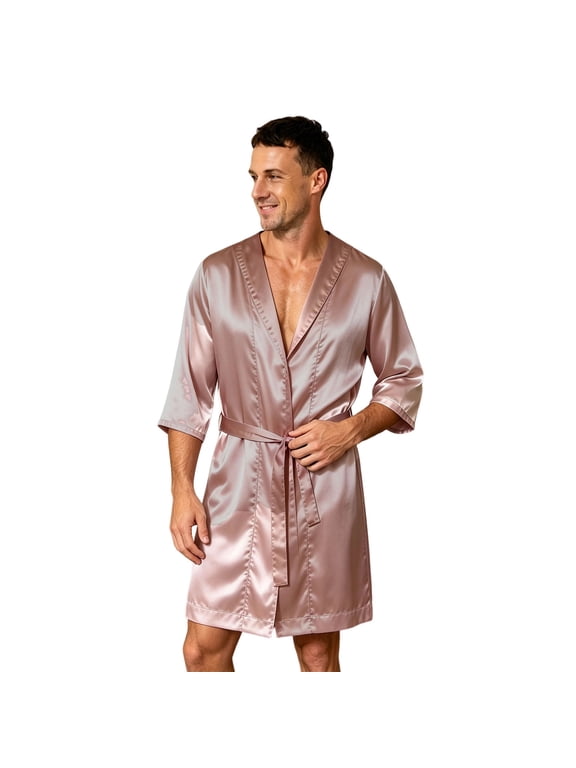 Mens Satin Bathrobe Lightweight Comfort V Neck 3/4 Length Sleeve Open Front Wrap Short Robes Loungewear Nightwear Pj with Adjustable Waist Belt