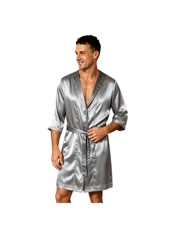 Mens Satin Bathrobe Lightweight Comfort V Neck 3/4 Length Sleeve Open Front Wrap Short Robes Loungewear Nightwear Pj with Adjustable Waist Belt
