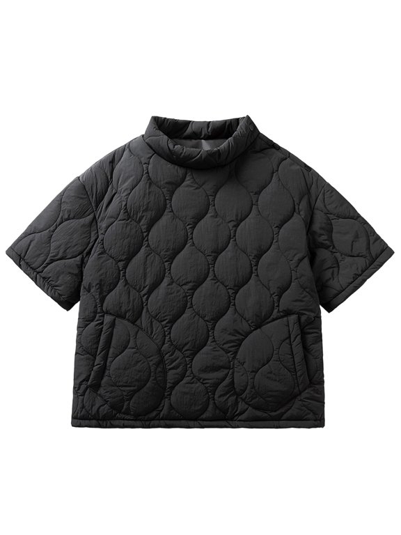 Mens Short Sleeve Quilted Puffer Tops Mock Neck Snap Side Pullover Jacket Lightweight Casual Loose Fit Outerwear with Pockets
