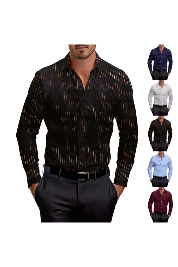 Mens Striped Dress Shirts Business Casual Long Sleeve Slim Fit Stretch Button Down Shirts Office Work Wedding Blouse Tops