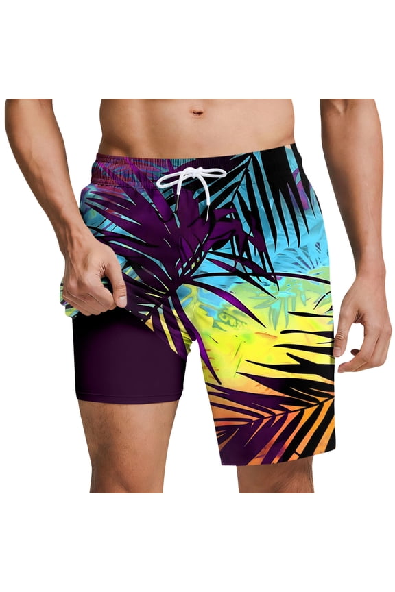 Mens Swim Trunks with Compression Liner, Quick Dry Drawstring Stretch 2 in 1 Board Swimming Shorts Summer Casual Vacation Bathing Suits with Pockets