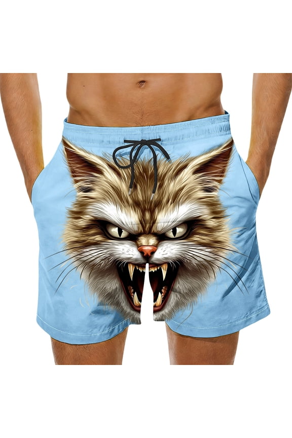 Mens Swim Trunks Funny Cat Printed Beach Board Shorts Summer Athletic Running Shorts with Pockets