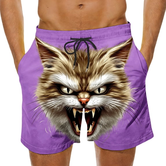 Purcolt Mens Swim Trunks Funny Cat Printed Beach Board Shorts Summer Athletic Running Shorts with Pockets