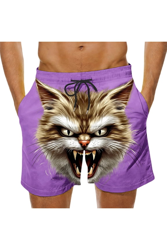 Mens Swim Trunks Funny Cat Printed Beach Board Shorts Summer Athletic Running Shorts with Pockets