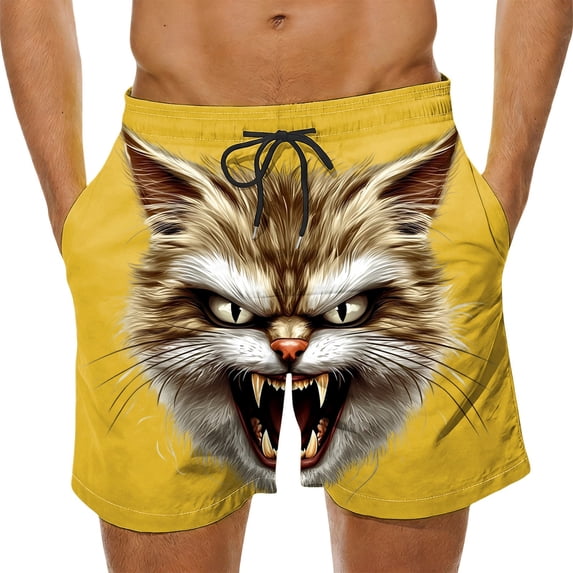 Purcolt Mens Swim Trunks Funny Cat Printed Beach Board Shorts Summer Athletic Running Shorts with Pockets