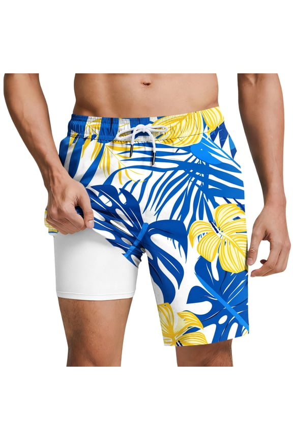 Mens Swim Trunks with Compression Liner 5 inch Inseam Quick Dry 2 in 1 Swimming Board Beach Shorts with Pockets