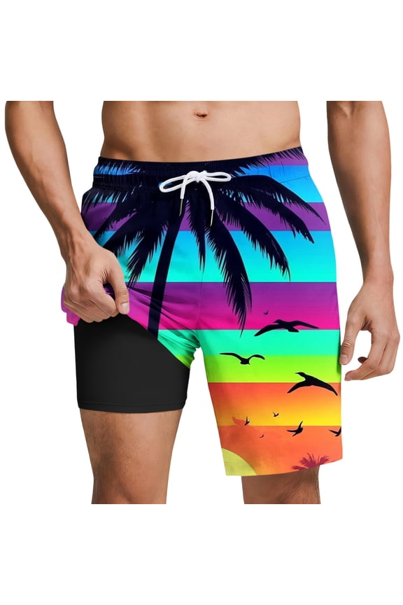 Mens Swim Trunks with Compression Liner 5 inch Inseam Quick Dry 2 in 1 Swimming Board Beach Shorts with Pockets