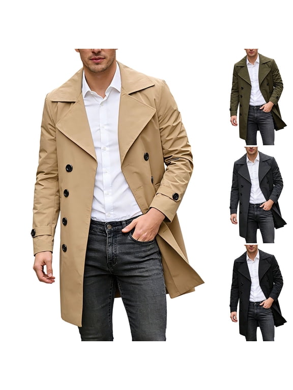 Mens Trench Coat Double Breasted Notched Lapel Windproof Long Sleeve Mid Length Overcoat Casual Business Lightweight Outerwear