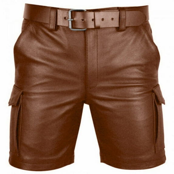 Purcolt Mens and Big Mens Leather Shorts, Casual Straight Leg Elastic Waist Retro Punk Knee Length Short Pants with Multi Pockets(No Belt)