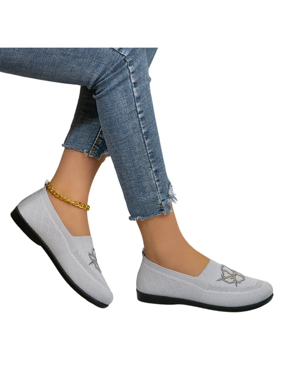 Mesh Loafers for Women Comfort Casual Floral Embroidery Round Toe Slip On Boat Shoes Lightweight Soft Sole Flats Shoes for Walking Travel Vacation