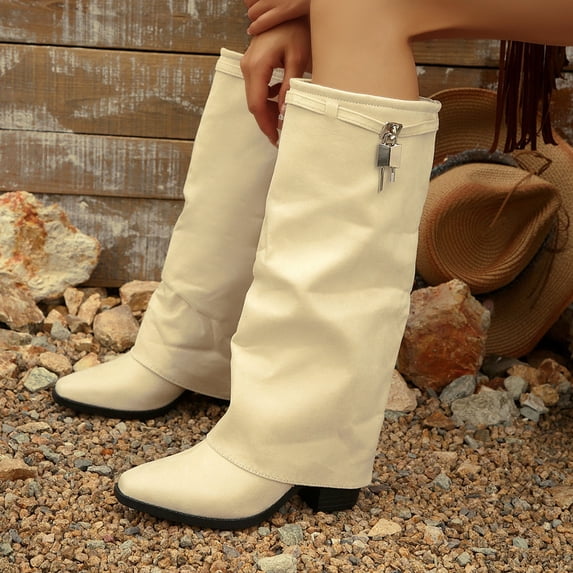 Purcolt Mid-Calf Boots for Women Vintage Trendy Faux Suede Pointed Toe Block Heel Fold Over Shaft Western Cowgirl Boots Comfort Casual Non-Slip Pull On Booties