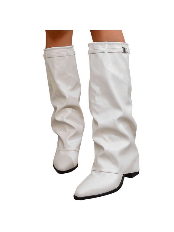 Mid-Calf Boots for Women Vintage Trendy PU Leather Pointed Toe Block Heel Fold Over Shaft Western Cowgirl Boots Comfort Casual Non-Slip Pull On Booties