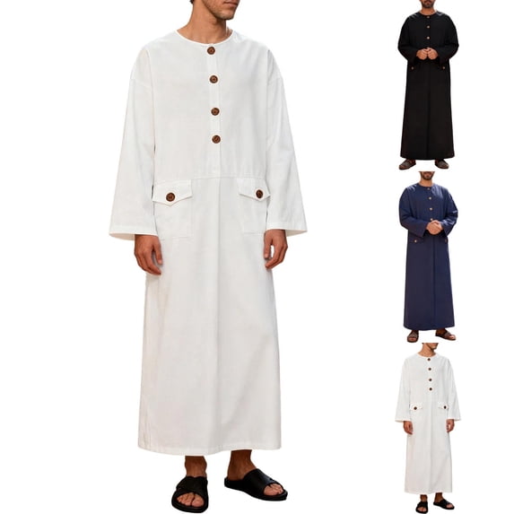 Purcolt Muslim Robe for Men Arab Long Sleeve Kaftan Thobe Cotton Long Gown Islamic Ramadan Islamic Shirts