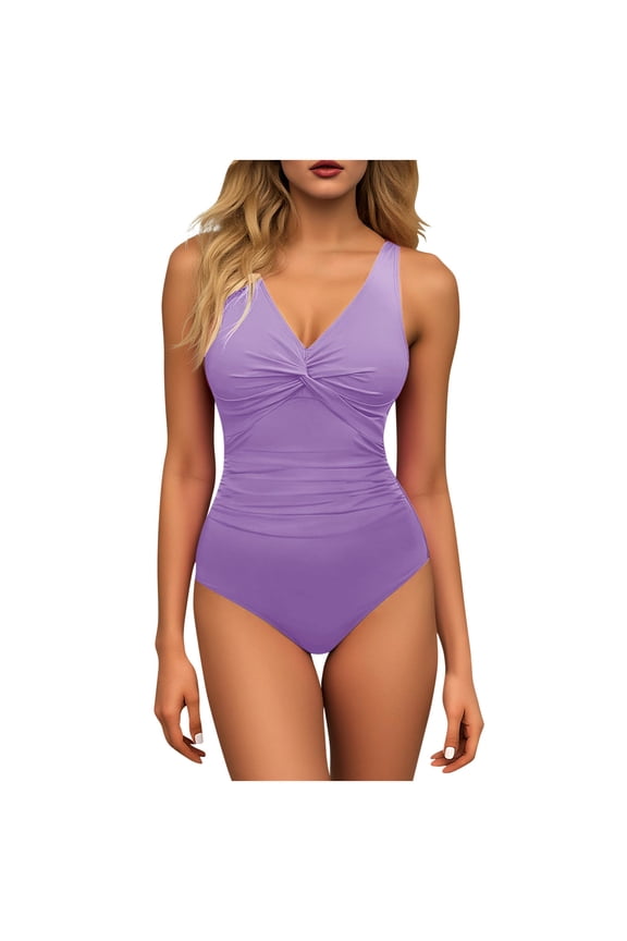 One Piece Bathing Suit for Women Ruched V Neck Twist Front Cutout Swimsuit Tummy Control High Cut Slimming Swimwear