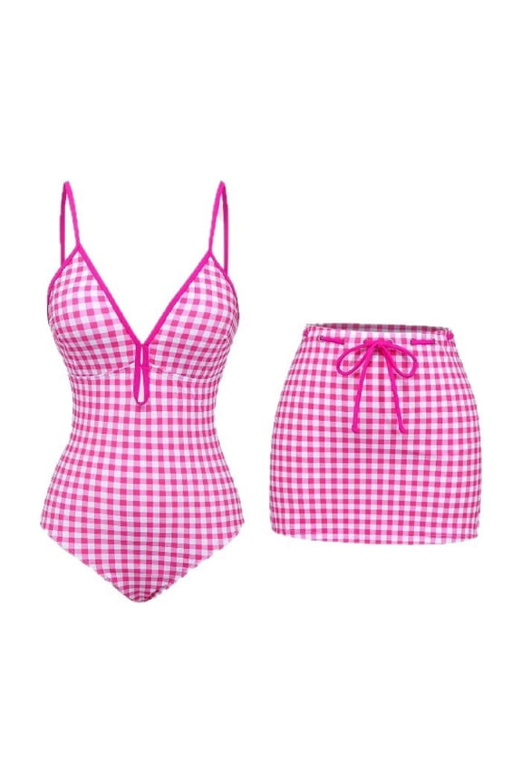 One Piece Swimsuit Women with Cover Up Skirt Set Gingham V Neck Keyhole Retro Beach Swimwear Tummy Control Bathing Suits