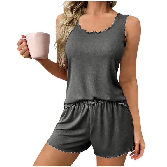 Purcolt Pajama Set for Women Summer Casual 2 Piece Shirring Sleepwear Pj Sets Comfortable Tank Tops with Shorts Lounge Sets Loose Fit Nightwear