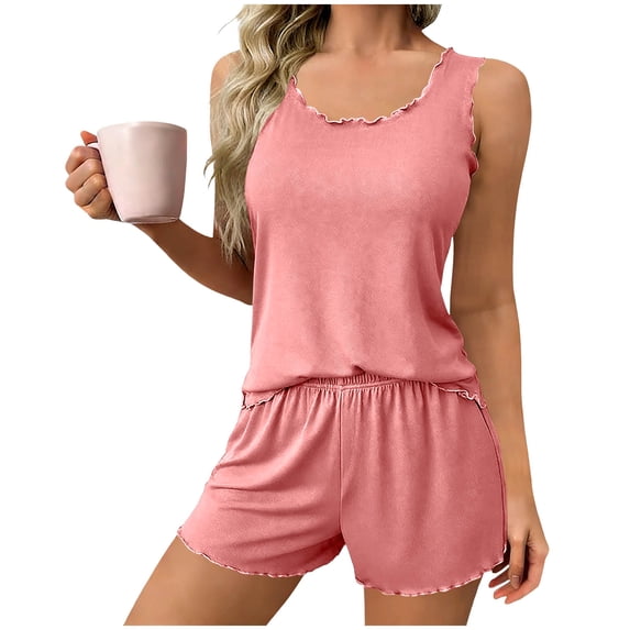 Purcolt Pajama Set for Women Summer Casual 2 Piece Shirring Sleepwear Pj Sets Comfortable Tank Tops with Shorts Lounge Sets Loose Fit Nightwear
