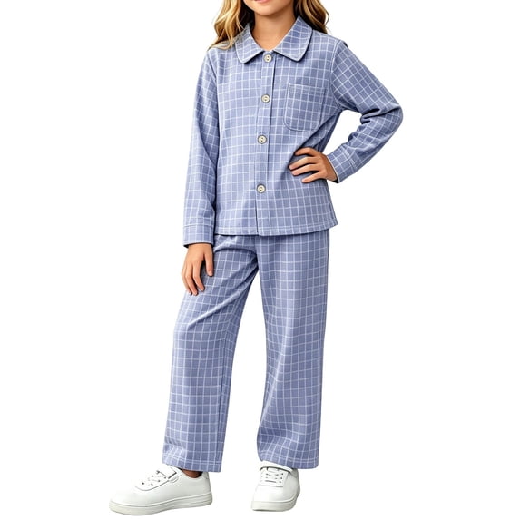 Purcolt Pajama Sets for Boys and Girls Comfort Plaid Laper Collared Button Down Shirts Elastic Waisted Pants 2 Piece Loungewear Lightweight Loose Fit Sleepwear with Pockets