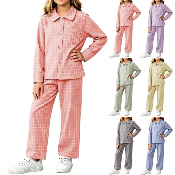 Purcolt Pajama Sets for Boys and Girls Comfort Plaid Laper Collared Button Down Shirts Elastic Waisted Pants 2 Piece Loungewear Lightweight Loose Fit Sleepwear with Pockets