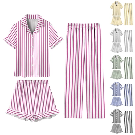 Purcolt Pajamas for Girls Summer Casual Satin Stripes Button Up Shirts and Shorts Pants Pjs Sets Summer Soft Ruffle Sleepwear Lounge Sets