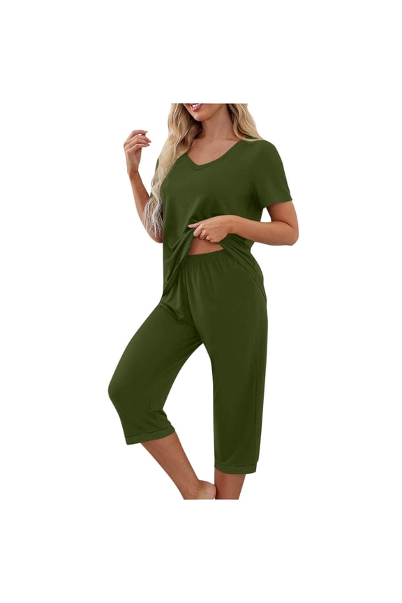 Purcolt Pajamas for Women Set 2 Piece Outfits Casual Loose Fit Lounge Sets Short Sleeve V Neck Top & Capri Pants Pj Set Sleepwear