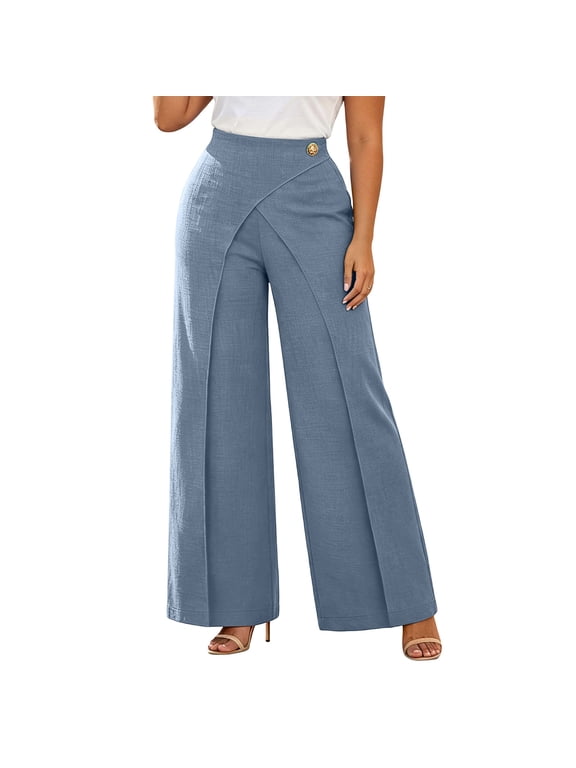 Pants for Women Dressy Casual Elastic Waist Wrap Cross Front Wide Leg Dress Pants Comfort Loose Fit Trousers for Business Work Office