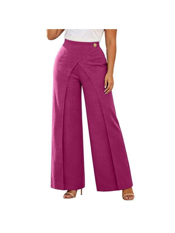Pants for Women Dressy Casual Elastic Waist Wrap Cross Front Wide Leg Dress Pants Comfort Loose Fit Trousers for Business Work Office