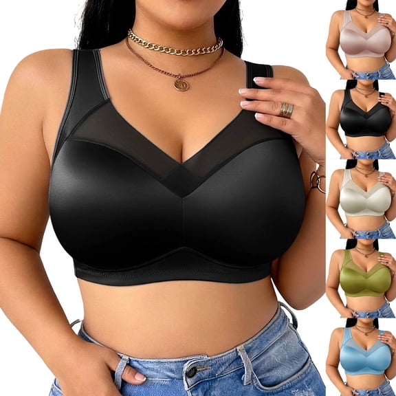 Purcolt Plus Size Wireless Bra for Women Deep V Mesh Seamless Full Coverage No Underwire Everyday Bra