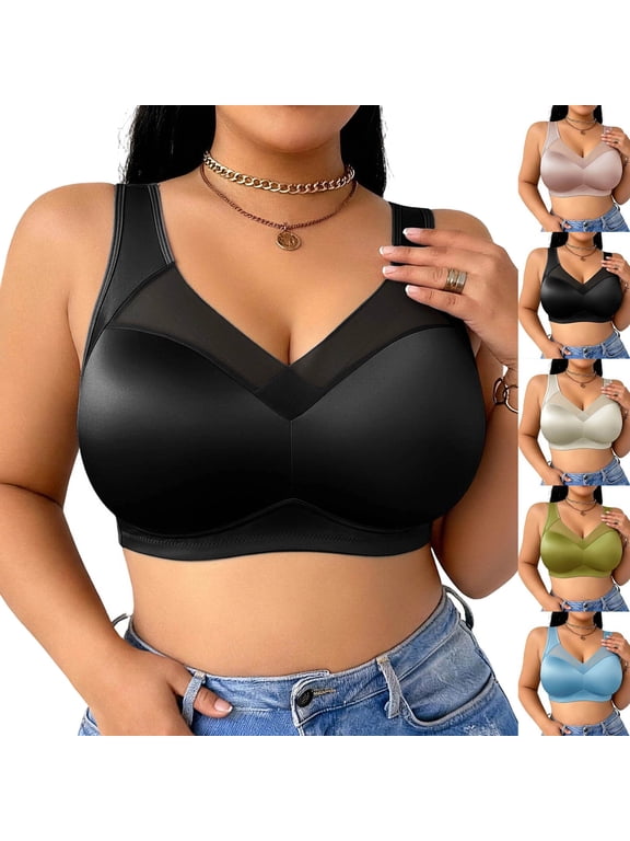 Plus Size Wireless Bra for Women Deep V Mesh Seamless Full Coverage No Underwire Everyday Bra