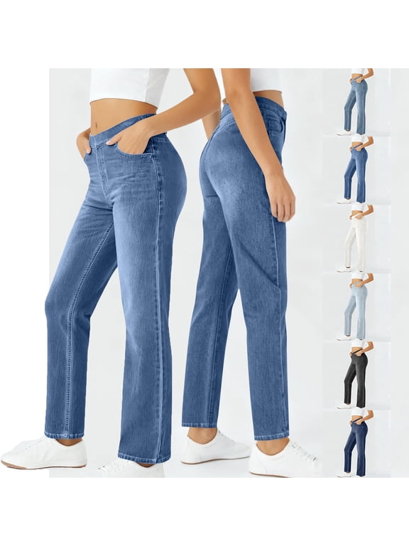 Pull On Stretchy Jeans for Women Tummy Control High Waisted Boot Cut Faux Denim Pants Trendy Skinny Leggings with Pockets