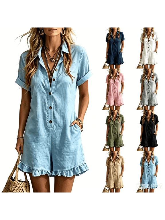 Rompers for Women Summer Short Sleeves Button Down Casual Jumpsuits Ruffle Hem Cotton Summer Rompers with Pockets