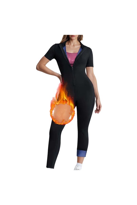 Sauna Suit for Women Stretchy Full Body Short Sleeves Zippered Sweat Jumpsuit Lightweight Slim Fit Anti Rip Training Suits for Workout Gym Sport