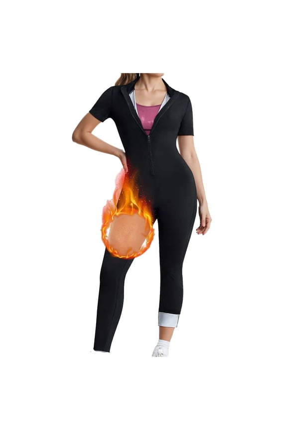 Sauna Suit for Women Stretchy Full Body Short Sleeves Zippered Sweat Jumpsuit Lightweight Slim Fit Anti Rip Training Suits for Workout Gym Sport