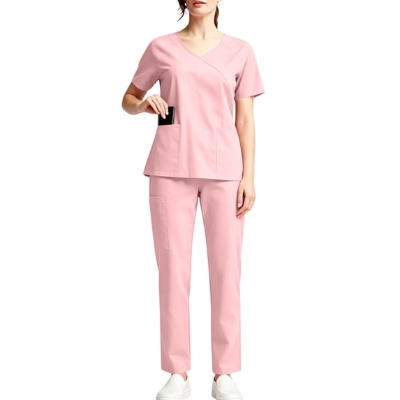 Purcolt Scrub Sets for Women Comfort V Neck Short Sleeve Faux Wrap Tops and Elastic Waisted Straight Leg Pants with Pockets for Nurse Esthetician Workwear
