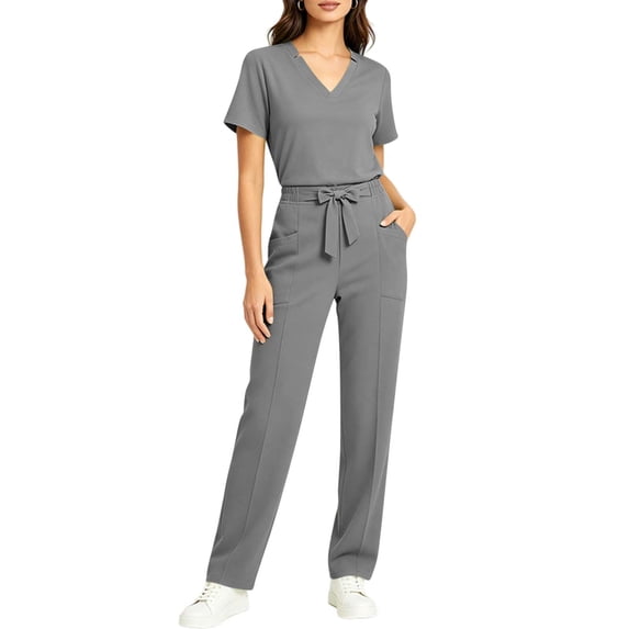 Purcolt Scrub Sets for Women Comfort V Neck Short Sleeve Tops and Drawstring Elastic Waisted Pants with Pockets for Nurse Esthetician Workwear